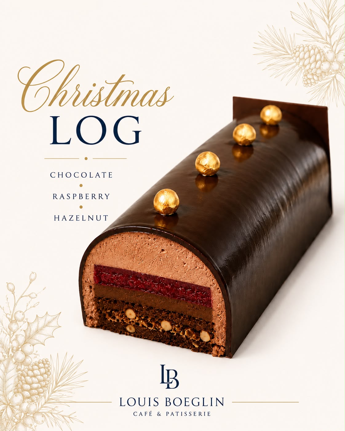 Louis Boeglin Christmas Log with chocolate, raspberry and hazelnut
